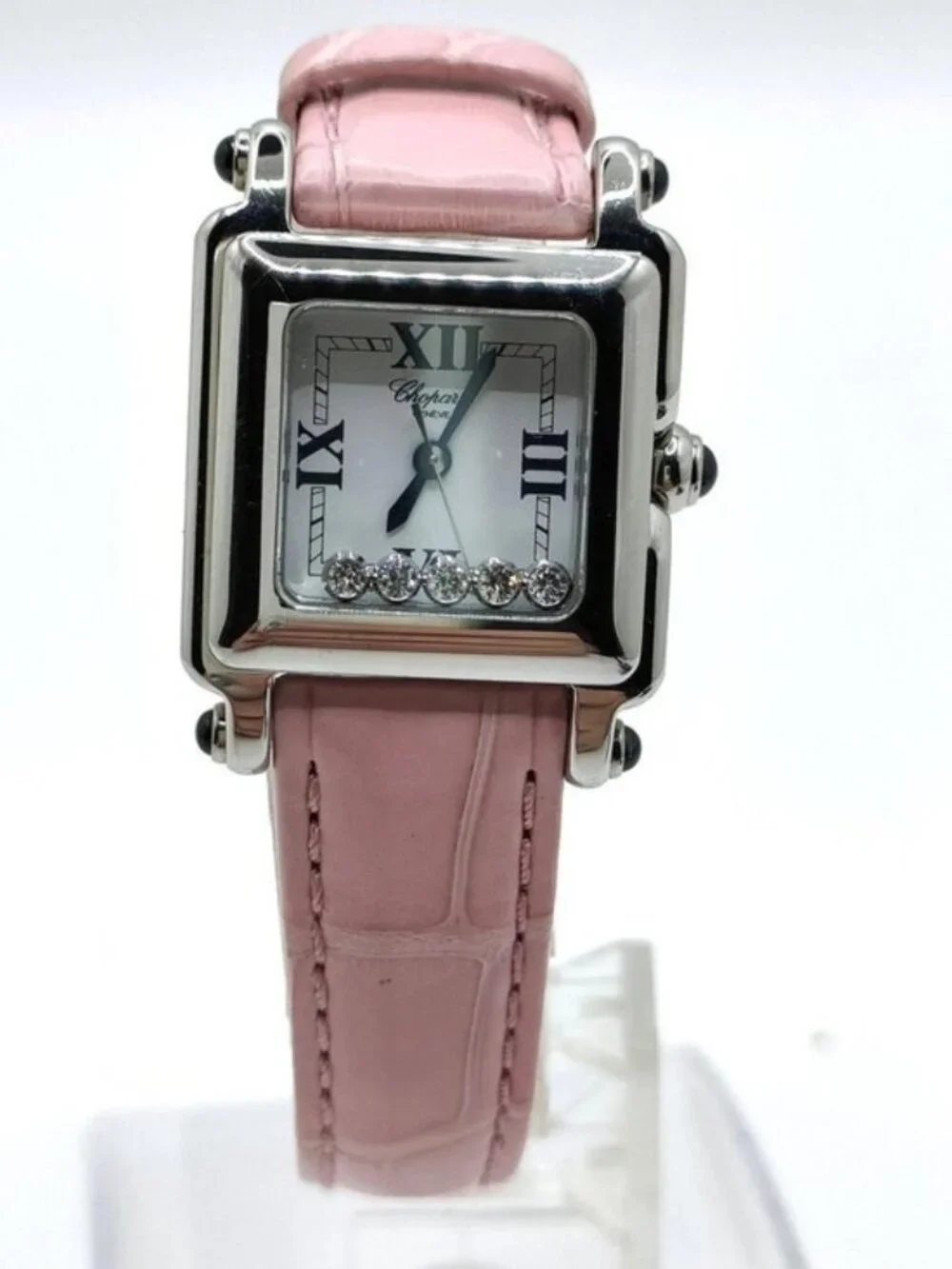 Chopard Happy Sport Square 5 Floating Diamond Pink Leather Quartz Watch